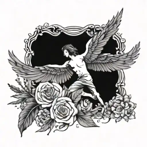 icarus falling with wings and flowers intertwined around it tattoo design idea