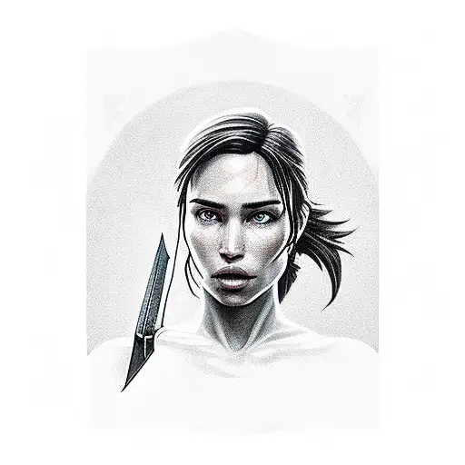 Lara Croft com arco e flecha armado mirando pra baixo ,atraz uma miramide maia tattoo design idea