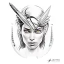 Lara Croft com arco e flecha armado mirando pra baixo ,atraz uma miramide maia tattoo design idea