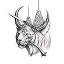 Lara Croft com arco e flecha armado mirando pra baixo ,atraz uma miramide maia tattoo design idea