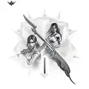 Lara Croft com arco e flecha armado mirando pra baixo ,atraz uma miramide maia tattoo design idea