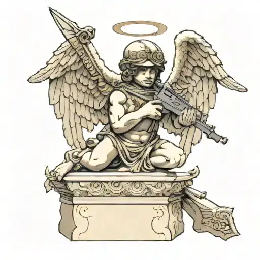 greek physique cupid angel cherub statue,  wearing only a balaclava  ski mask, and holding ak-47 firearms tattoo design idea