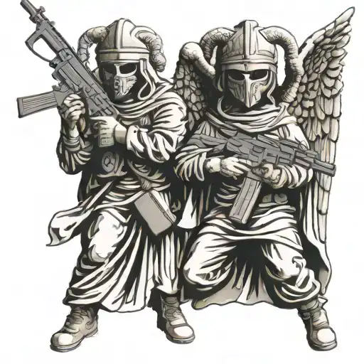 greek angel statues wearing balaclava ski masks and holding ak-47 firearms tattoo design idea
