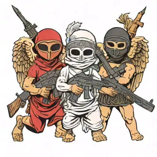 greek cupid angel statues wearing balaclava ski masks and holding ak-47 firearms tattoo design idea