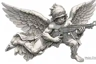 greek physique cupid angel cherub statue,  wearing only a balaclava  ski mask, and holding ak-47 firearms tattoo design idea