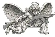 greek physique cupid angel cherub statue,  wearing only a balaclava  ski mask, and holding ak-47 firearms tattoo design idea