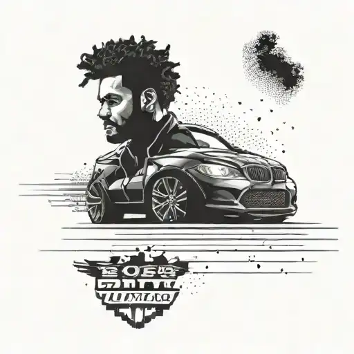 Create a racing-inspired tattoo featuring The Weeknd's silhouette in a BMW car tattoo design idea
