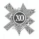 Incorporate a racing checkered flag pattern with The Weeknd's XO logo in a BMW-inspired tattoo tattoo design idea