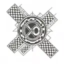 Incorporate a racing checkered flag pattern with The Weeknd's XO logo in a BMW-inspired tattoo tattoo design idea