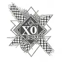 Incorporate a racing checkered flag pattern with The Weeknd's XO logo in a BMW-inspired tattoo tattoo design idea