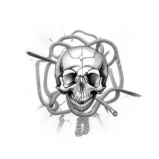 A chain wrapped around a skull, with a scythe cutting through it, surrounded by creepy objects and horror elements tattoo design idea