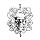 A skull intertwined with chains, riding a horseback with a scythe in hand tattoo design idea