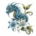 An elegant tattoo of a dragon coiled around a blooming blue Spider lily, blending elements of realism and traditional styles tattoo design idea