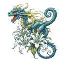 An elegant tattoo of a dragon coiled around a blooming blue Spider lily, blending elements of realism and traditional styles tattoo design idea