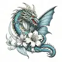 An elegant tattoo of a dragon coiled around a blooming blue Spider lily, blending elements of realism and traditional styles tattoo design idea