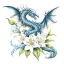 An elegant tattoo of a dragon coiled around a blooming blue Spider lily, blending elements of realism and traditional styles tattoo design idea