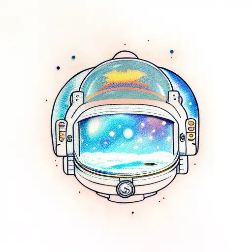 astronaut with space in his helmet reflection tattoo design idea