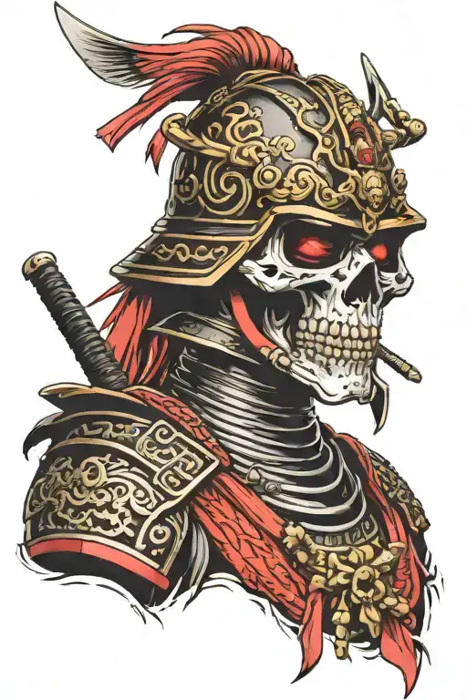 skull face samurai with red and black armour tattoo design idea