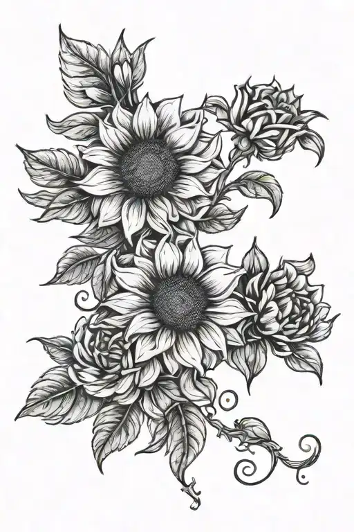 sunflower with tulips, freesias and gypsy rose intertwined tattoo design idea