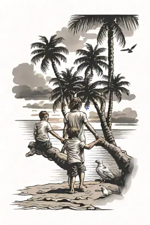 Three kid between mum and holding hands on the beach looking at the sunset the palm trees each side of them with doves a tattoo design idea