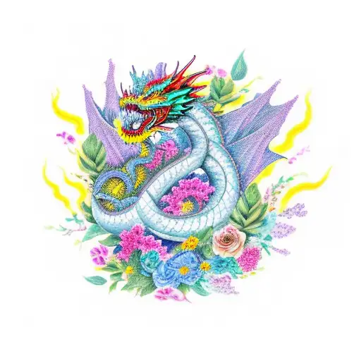 A vibrant bouquet of flowers intertwined with a majestic dragon tattoo design idea