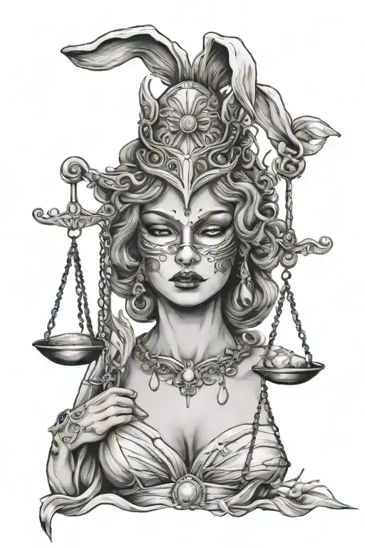 lady justice weating oni mask with bunny ears tattoo design idea