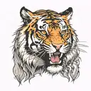A tiger, face close-up, frontal, fierce, roaring tattoo design idea