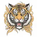 A tiger, face close-up, frontal, fierce, roaring tattoo design idea