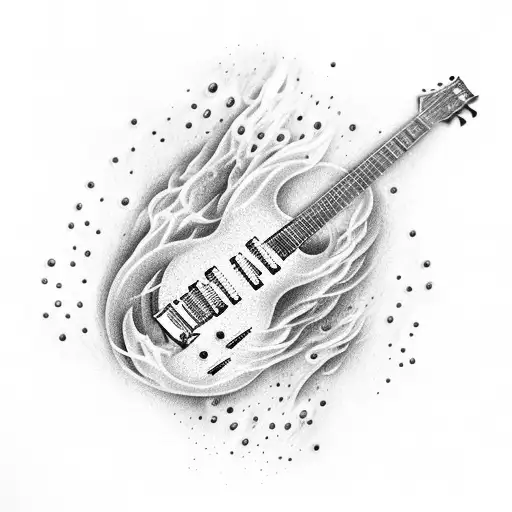 An electric guitar engulfed in flames with water droplets falling around it tattoo design idea
