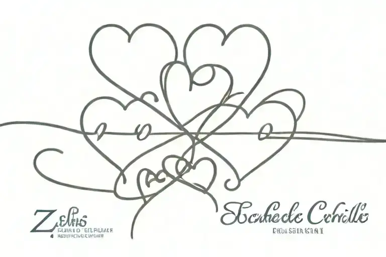 hearts connected inscription of 4 names intertwined "Zach, Cyrille, Felix and Bliss" tattoo design idea