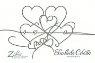 hearts connected inscription of 4 names intertwined "Zach, Cyrille, Felix and Bliss" tattoo design idea
