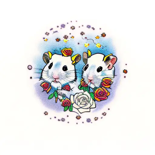 Two hamsters dressed as astronauts exploring a garden of roses with fireflies. tattoo design idea