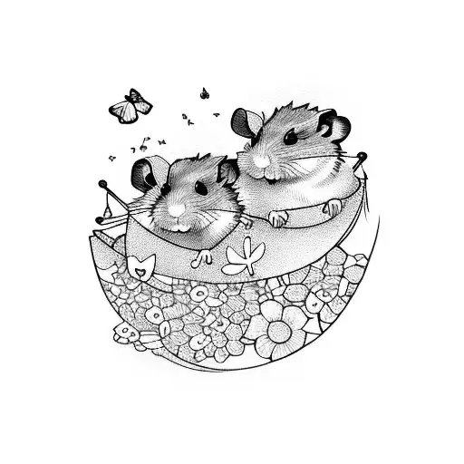 Two hamsters sailing on a paper boat in a sea of flowers with butterflies tattoo design idea