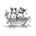 Two hamsters sailing on a paper boat in a sea of flowers with butterflies tattoo design idea