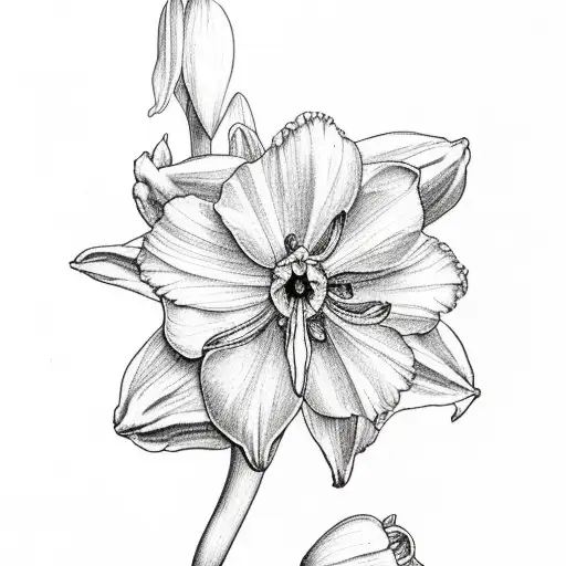 narcissus flower in the middle and an achilea and gladiolus flowers on the sides tattoo design idea