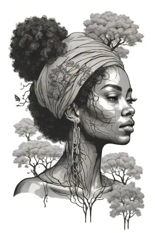 black woman with afro, where the afro looks like a tree  tattoo design idea