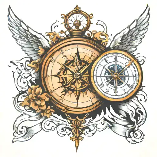 clock, compass, angel falling from heaven, with lines tattoo design idea