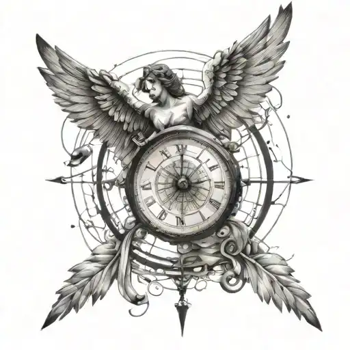 clock, compass, angel falling from the sky, with lines tattoo design idea