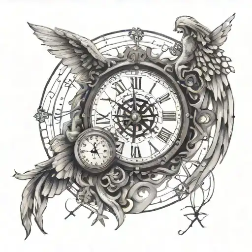 clock, compass, angel falling from the sky, with lines, "memento mori" tattoo design idea