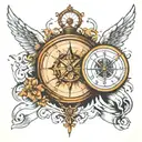 clock, compass, angel falling from heaven, with lines tattoo design idea
