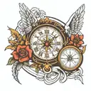 clock, compass, angel falling from heaven, with lines tattoo design idea