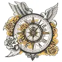 clock, compass, angel falling from heaven, with lines tattoo design idea