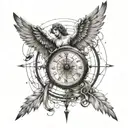 clock, compass, angel falling from the sky, with lines tattoo design idea