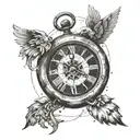clock, compass, angel falling from the sky, with lines tattoo design idea