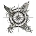 clock, compass, angel falling from the sky, with lines tattoo design idea