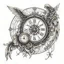 clock, compass, angel falling from the sky, with lines, "memento mori" tattoo design idea