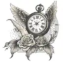 clock, compass, angel falling from the sky, with lines, "memento mori" tattoo design idea