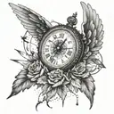 clock, compass, angel falling from the sky, with lines, "memento mori" tattoo design idea