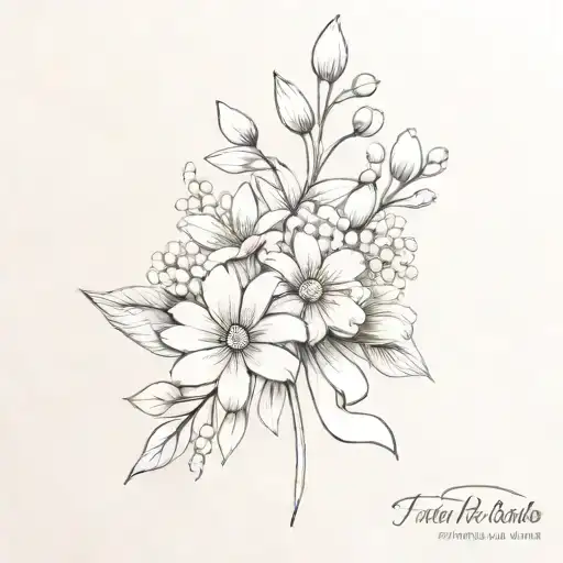 daisy, lily of the valley, marigold, aster  flower bouquet wrapped with bow and number 13 on bow  tattoo design idea