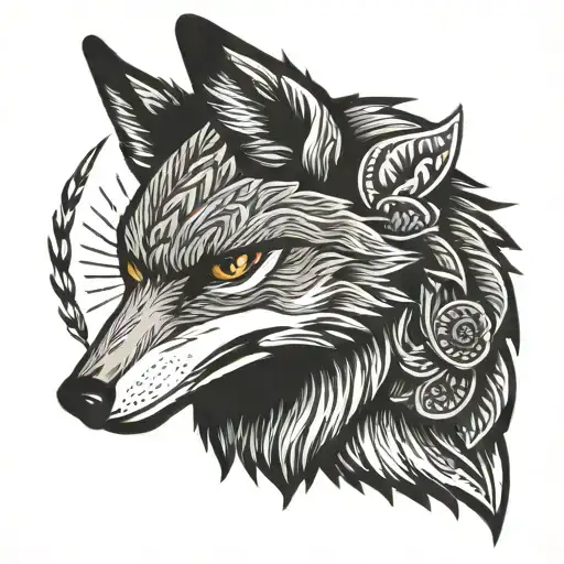 Angry fox head with an owl above as his protection tattoo design idea